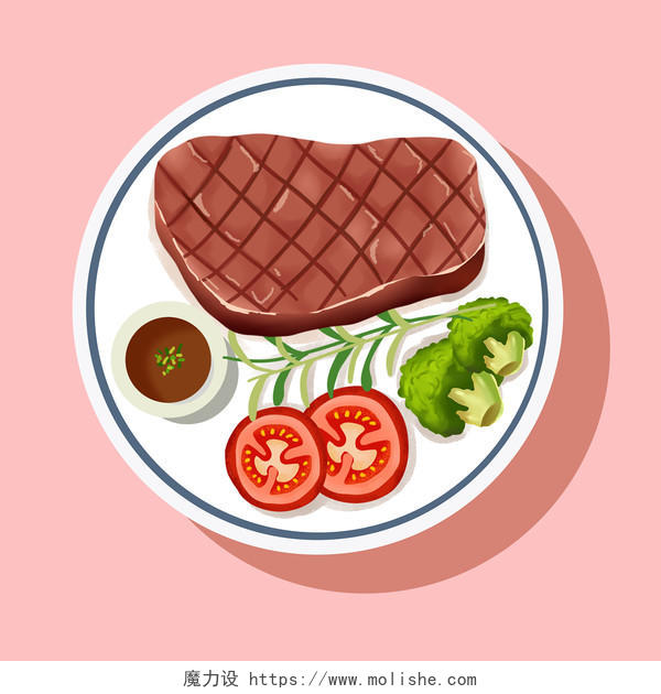 彩色卡通手绘营养餐轻食沙拉牛排健康美食素材原创插画海报